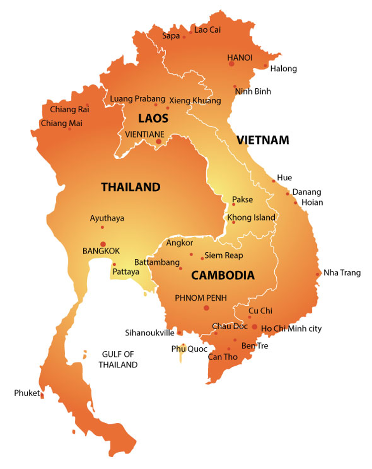 Mappa o cartina del viaggio in Vietnam con tutte le sue città principali